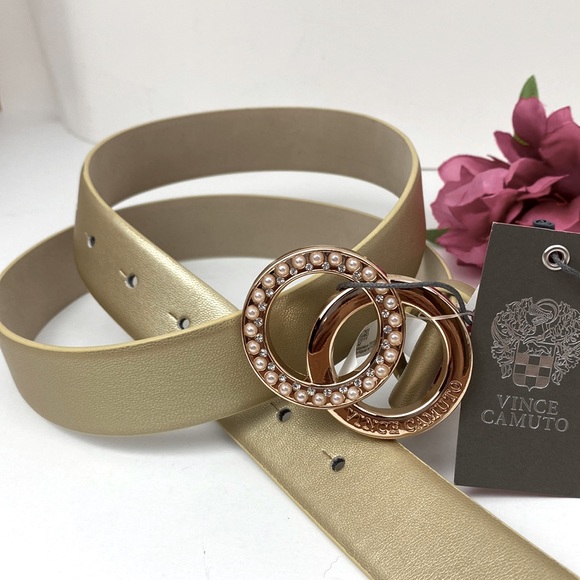 Vince Camuto gold belt, buckle with pearl & rhinestone accents NWT, size M - Picture 1 of 11